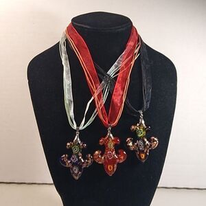 Glass Pendants marked ECLE Gold Flecks Glass Rods Ribbon/Cords Lobster Clasp